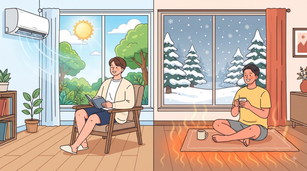 여름엔 에어컨 바람에 가디건을 입고, 겨울엔 온돌 난방에 반바지를 입은 모습을 비교한 일러스트
