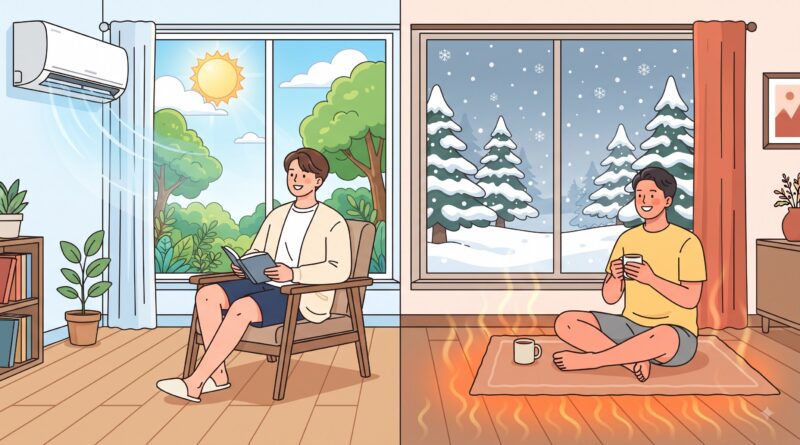여름엔 에어컨 바람에 가디건을 입고, 겨울엔 온돌 난방에 반바지를 입은 모습을 비교한 일러스트