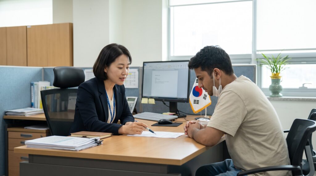 고용노동부 상담원이 외국인 근로자의 퇴직금 체불 문제를 상담해주는 모습