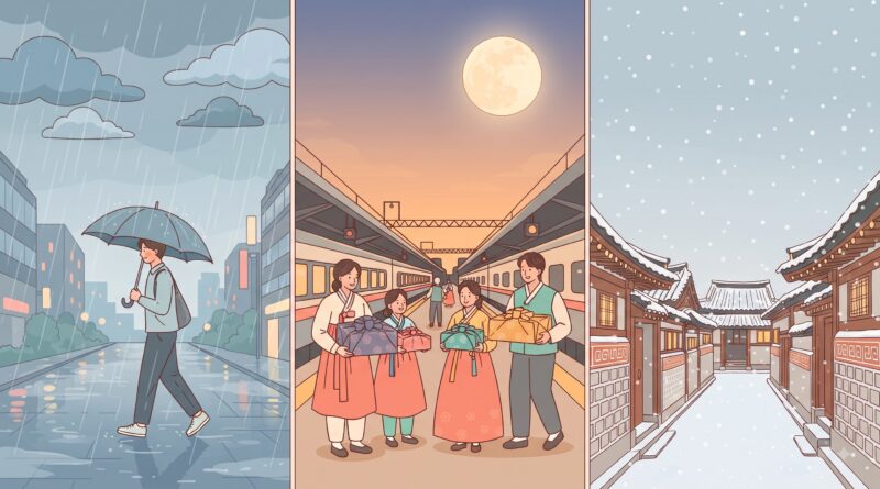 여름,추석,겨울을 보여주는 일러스트