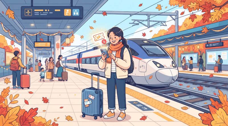 추석 연휴 KTX 열차 안에서 캐리어를 든 여행객이 스마트폰으로 기차표를 예매하는 모습을 보여주는 일러스트