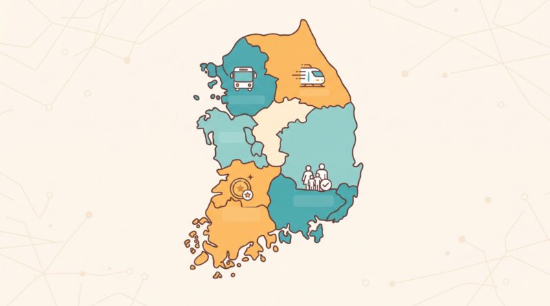 지역별로 다른 대중교통 혜택을 아이콘으로 표시한 대한민국 지도 일러스트