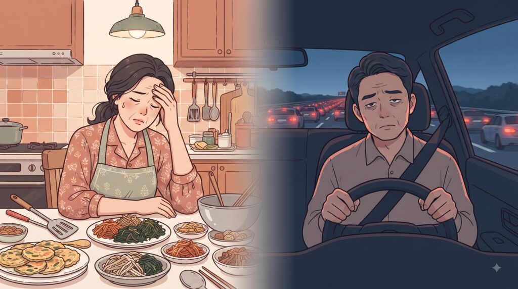 한 장면 안에 명절 음식 준비로 지친 한국 여성이 부엌 식탁에서 이마를 짚고 쉬는 모습과, 꽉 막힌 고속도로 위 운전석에서 지친 표정으로 핸들을 잡고 있는 남성의 모습이 나란히 담긴 일러스트